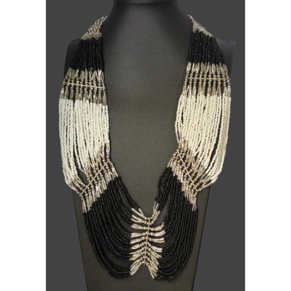 Black & White Bead Metal Collar Necklace & Earrings Set Vintage Statement